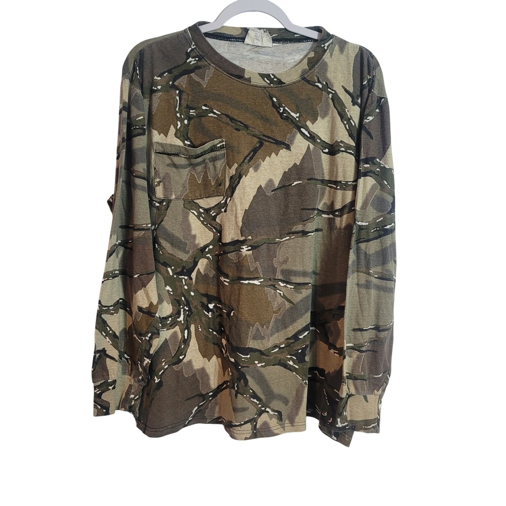 Vintage Predator Camouflage Long Sleeve Pocket T-Shirt Mens Brown Green‎ L/XL